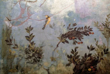 Fugl, detalje fra en fresco, der viser en have med træer og fugle, fra Huset Livia på Palatinerhøjen, Rom, Italien. romersk civilisation