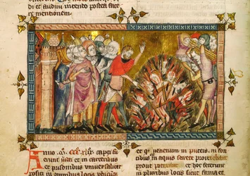 Afbrænding af jøderne i 1349. Miniature fra: Tractatus quartus af Gilles de Muisit, ca. 1353