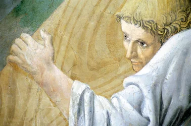 Detalje fra Legenden om det sande kors med transport af det hellige træ, af Piero della Francesca