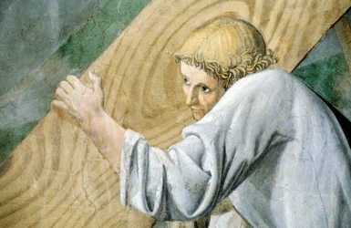 Detalje fra Legenden om det sande kors med transport af det hellige træ, af Piero della Francesca
