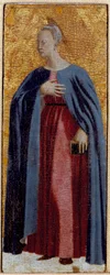 Polyptic of Misericorde: Jomfruen af Misericorde, omgivet af helgener. Detalje, der forestiller Jomfruen af Bebudelsen. Maleri på træ af Piero della Francesca (1415/20-1492) 1445-1460 Dim. 54x21 cm Sansepolcro, Pinacoteca Comunale