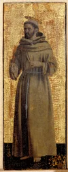 Polyptic of Misericorde: Jomfruen af Misericorde, omgivet af helgener. Detalje, der repræsenterer Saint Francois af Assisi. Maleri på træ af Piero della Francesca (1415/20-1492) 1445-1460 Dim. 54x21 cm Sansepolcro, Pinacoteca Comunale