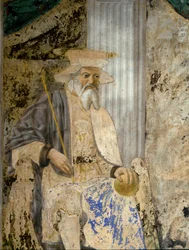 Portræt af Sigismondo Pandolfo Malatesta (1417-1468) i bøn før San Sigismondo (Sigismondo). Detalje af helgenen. Fresco af Pietro di Benedetto dei Franceschi dit Piero della Francesca (1422-1492)