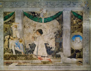 Sigismondo Pandolfo Malatesta, hersker af Rimini, knæler foran sin skytshelgen, Sankt Sigismund, den hellige konge af Burgund (fresko)