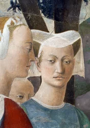 Legenden om det sande kors, dronningen af Saba, der tilbeder korsets skov, detaljer om dronningen og en ledsager, færdiggjort fresko fra 1464