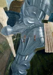 Legenden om det sande kors, Konstantins sejr i slaget ved Milvian Bridge, detalje af rustning, færdiggjort 1464 fresko