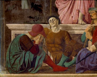 Kristi opstandelse. Detalje af de søvnige romerske soldater. Maleri af Pietro af Benedetto dei Franceschi dit Piero della Francesca (1422-1492)