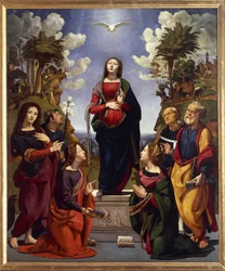 Ulastelig undfangelse omgivet af hellige, ca. 1500-05 (tempera grassa på træ)