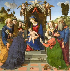 Madonna med barnet på tronen med de hellige Peter, Johannes Evangelisten, Elizabeth af Ungarn (), Katarina af Alexandria og engle