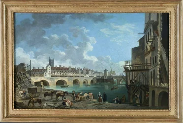 Udsigt over Quai de Gesvres på tidspunktet for nedrivningen af husene på Pont au Change, ca. 1788 (olie)