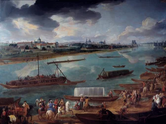 View of Paris, taken from the Quai de la Rapee in 1716 Detail of the boats on the Seine. Painting by Pierre Denis Martindani