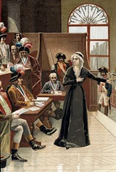 Den Franske Revolution: Frankrigs dronning Marie Antoinette foran dommeren under sin retssag den 14. oktober 1793 (tegning)