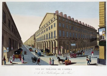 Udsigt over operaens teater (Comédie Française) og kongens bibliotek - i "Vues de Paris" af Courvoisier