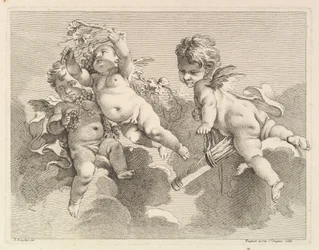 Tre kærligheder, den ene holder et kogger, den anden, druer, 1727-60.