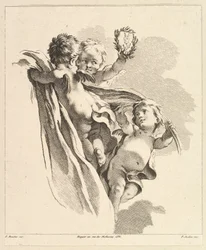 Tre amoriner, hvoraf den ene har en krone, fra den fjerde bog over børnegrupper, 1700-tallet.