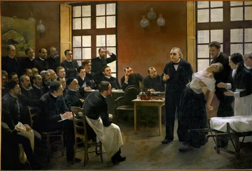 En lektion om hysteri af Jean Martin Charcot, pioner inden for neurologi, på hospitalet la Salpetriere (olie på lærred)