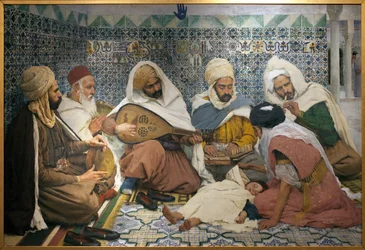 Eksorcisme: Arabiske musikere jager jinn fra et barns krop. Maleri af Andre Brouillet (1857-1914), Olie på lærred