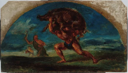 Skitse til Salon de la Paix i Hôtel de Ville i Paris: Hercules and the Erymanthem Boar, efter Delacroix, mellem 1852 og 1854 (olie)
