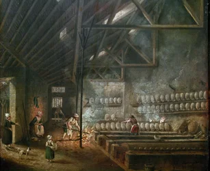 Interiør af et keramikværksted (eller glaspuster) - Maleri af Pierre Antoine Demachy (1723-1807), detalje - 1800-tallet - Olie på træ - Mål: 39 x 31 cm - Paris, Musee Carnavalet