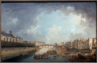 Buen, broen af Tournelle og Quai Saint Bernard set fra hotel dieu. Udsigt over Paris. Maleri af Pierre Demachy (1723-1807)