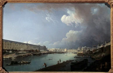 Udsigt over Louvre og Ile de la Cite taget fra Pont Royal-maleriet af Pierre Demachy (1723-1807) 1778 Søn. 0,49x0,77m.
