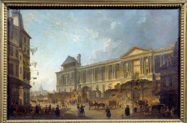Udsigt over søjlegangen i Louvre-gadescenen med byggeplads foran Palais du Louvre. Maleri af Pierre Antoine Demachy (1723-1807) 1772