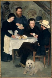 Chez la Mere Antony a Marlotte (Bourron-Marlotte (77)): Claude Monet, Alfred Sisley og Charles Le Coeur rundt om bordet med Mere Anthony, Maleri af Pierre Auguste Renoir (1841-1919)