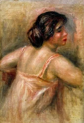 Kvinde i trekvart længde. Hun er klædt i en lyserød jumpsuit og har håret sat op i en knold. Maleri af Pierre Auguste Renoir (1841-1919). Olie på lærred. Privat samling