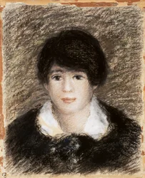Ung kvinde set forfra med sort kjole og hvid krave. Tegning af Pierre-Auguste Renoir (1841-1919)