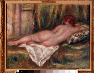 Nøgen kvinde set bagfra eller hvilende efter badet, maleri af Pierre-Auguste Renoir (1841-1919), 1909, H. 0,41 x 0,52 m, Paris, Musée d