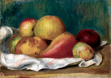 Stilleben med æbler og pære. Maleri af Pierre Auguste Renoir (Pierre-Auguste Renoir