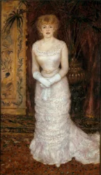 Portræt af skuespillerinden Jeanne Samary (1857-1890) til fods. Maleri af Pierre Auguste Renoir (Pierre-Auguste