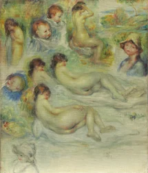 Studier af Pierre Renoir, hans mor, Aline Charigot, nøgenbilleder og landskab, 1885-86