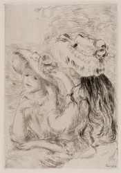 To unge piger sætter blomster på deres hatte, ca. 1894 (blækætsning på papir)