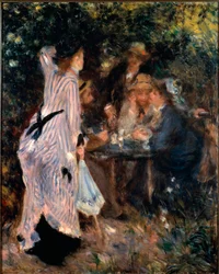 Under lysthuset. Portrætter af malerne Claude Monet, Alfred Sisley og Norbert Goeneutte. Maleri af Pierre Auguste Renoir (1841-1919)