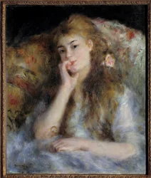Ung pige siddende eller "" tanken"" Maleri af Pierre Auguste Renoir (1841-1919) 1876 Privat samling - Ung kvinde siddende eller "" Tanken""". Maleri af Pierre Auguste Renoir (1841-1919)