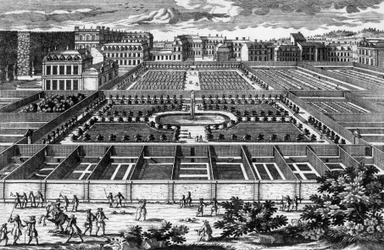 Udsigt over køkkenhaven i Versailles på Louis XIVs tid, gravering af Aveline
