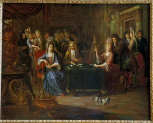 Nobles kortspillere, der spiller kort i en stue. Maleri af Pierre Bergaigne (1652-1708) 1699 Arras, Musee Des Beaux Arts
