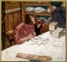 Interiør Kvinde travlt med hjemlige pletter. Maleri af Pierre Bonnard (1867-1947) 1914 Privat samling