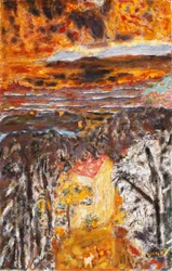 Landskab, det lyserøde hus, solnedgang; Landskab, Det lyserøde hus, solnedgang, ca. 1934 (olie på lærred)