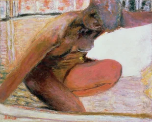 Siddende nøgen i badet, 1940