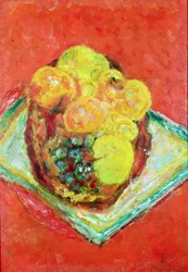 Fersken og druer på en rød dug, ca. 1943 (olie på lærred)