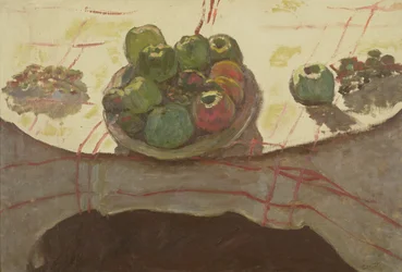 Tallerken med æbler på et bord, ca. 1910-12 (olie på lærred)