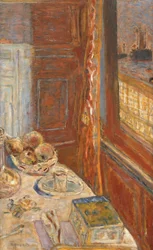 Stilleben med skibe set gennem vindue, ca. 1906