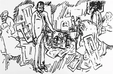 Den parisiske kunsthandler Ambroise Vollards butik i Paris omkring 1895: malerne Camille Pissarro, Auguste Renoir, Pierre Bonnard og Edgar Degas med en kunde (pen og blæk på papir)