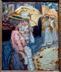 Gåturen To elegante unge kvinder klædt i mode Belle Epoque taler under deres paraply. Maleri af Pierre Bonnard (1867-1947) 1900 søn. 0,38x0,21 m Privat samling