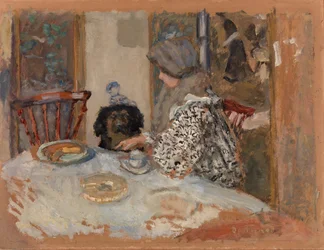 Kvinde med hund, eller kvinde og hund ved bordet