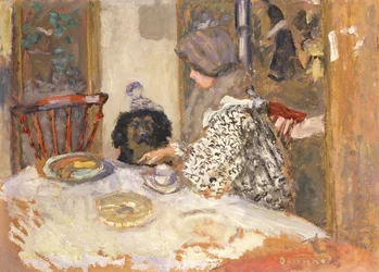 Kvinde med en hund ved bordet (olie om bord)