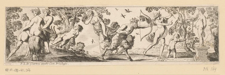 Satyr skyder en pil mod en statue af Bacchus, mens Merkur ser på