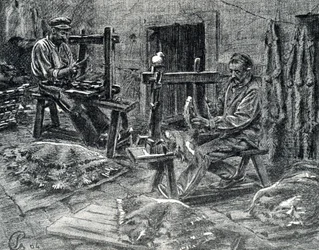 Håndværkere, der plejer fåreskindene Gravering fra "Excursion a travers les metiers" af Pierre Calmette Private Collection
